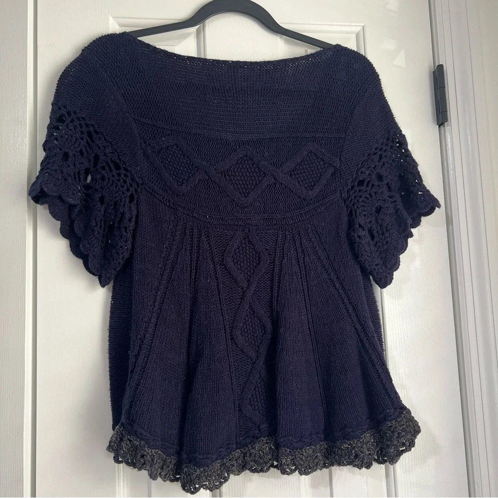 Oversized Free People Crochet Short Sleeve Blouse Shirt Top Ruffle Black Blue XS